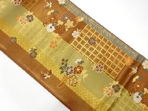 変わり市松に椿・菊模様織り出し　袋帯